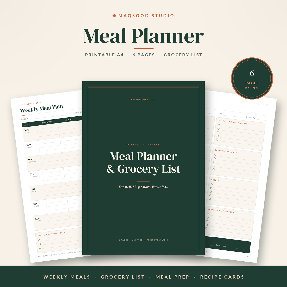 Meal Planner & Grocery List (A4 Printable) by Maqsood Studio